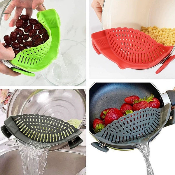 A silicone strainer clipped to the pan