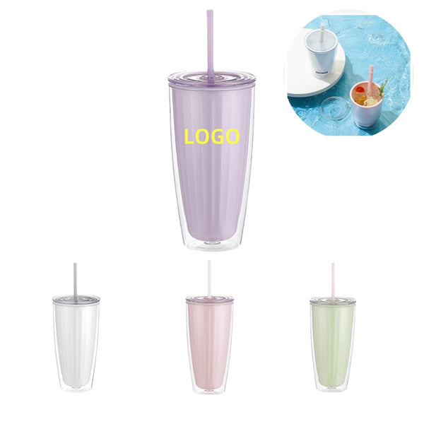 Double Layer Hot And Cold Plastic Coffee Cup With Straw